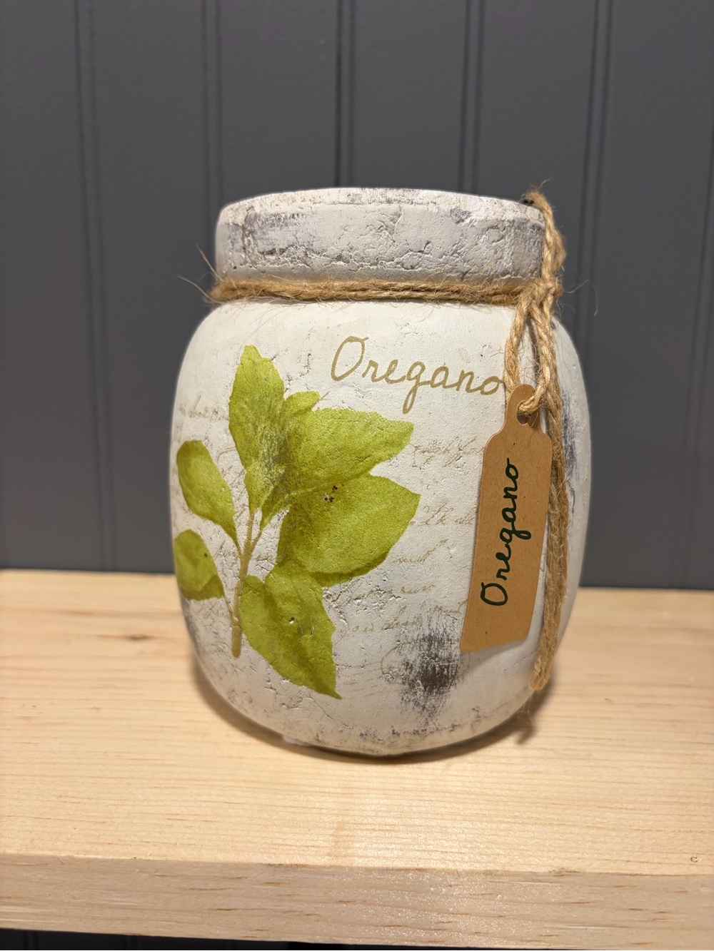 Oregano Decorative Jar - White with Green Leaf Accent